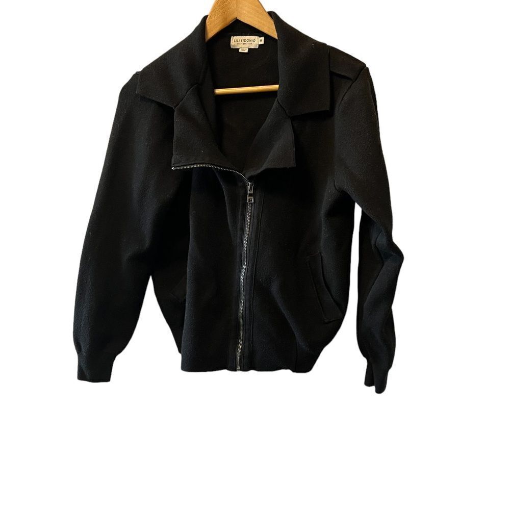 LILI SIDONIO Black Moto Style Heavy Short Knit Long Sleeve Sweater Jacket